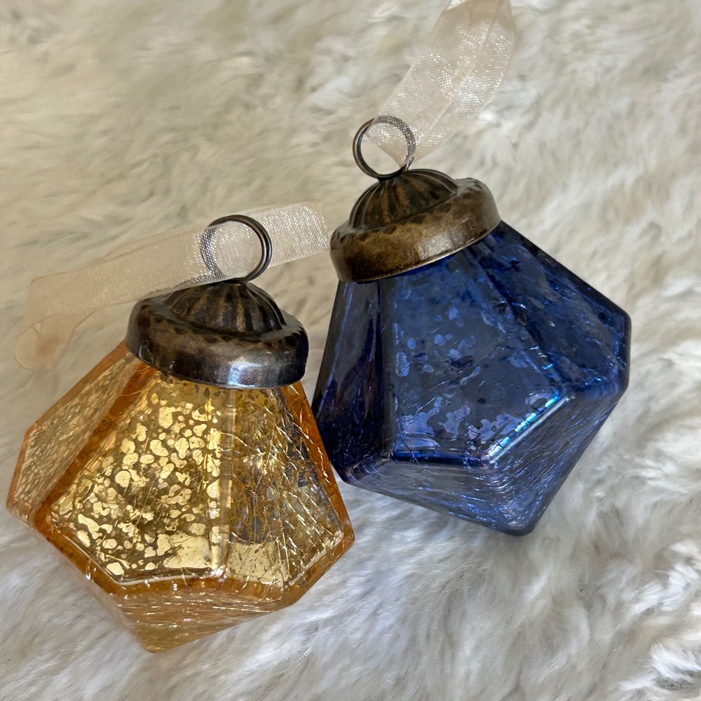 Vintage Crackle Mercury Glass Christmas Ornaments Blue Gold Excellent Heavy